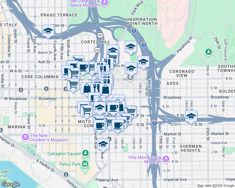 map of restaurants, bars, coffee shops, grocery stores, and more near 1021 13th Street in San Diego