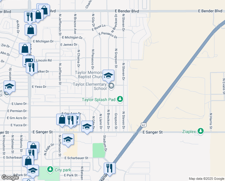 map of restaurants, bars, coffee shops, grocery stores, and more near 1520 North Breckon Drive in Hobbs