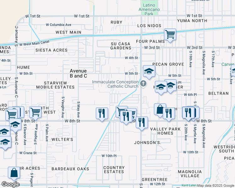 map of restaurants, bars, coffee shops, grocery stores, and more near 2854 West Clifford Lane in Yuma