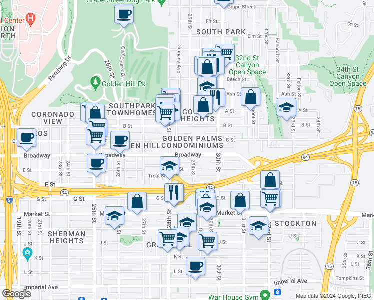 map of restaurants, bars, coffee shops, grocery stores, and more near 2870 Broadway in San Diego
