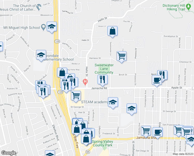 map of restaurants, bars, coffee shops, grocery stores, and more near 1147 Jamacha Lane in Spring Valley