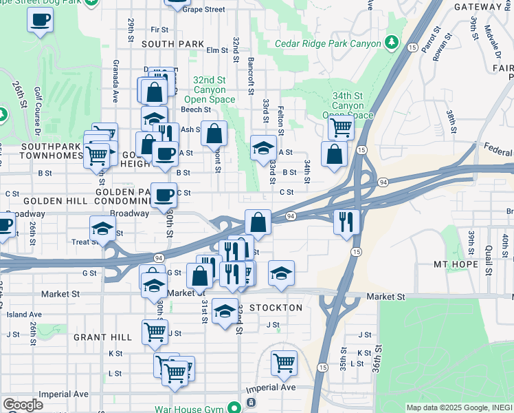 map of restaurants, bars, coffee shops, grocery stores, and more near 3260 Broadway in San Diego