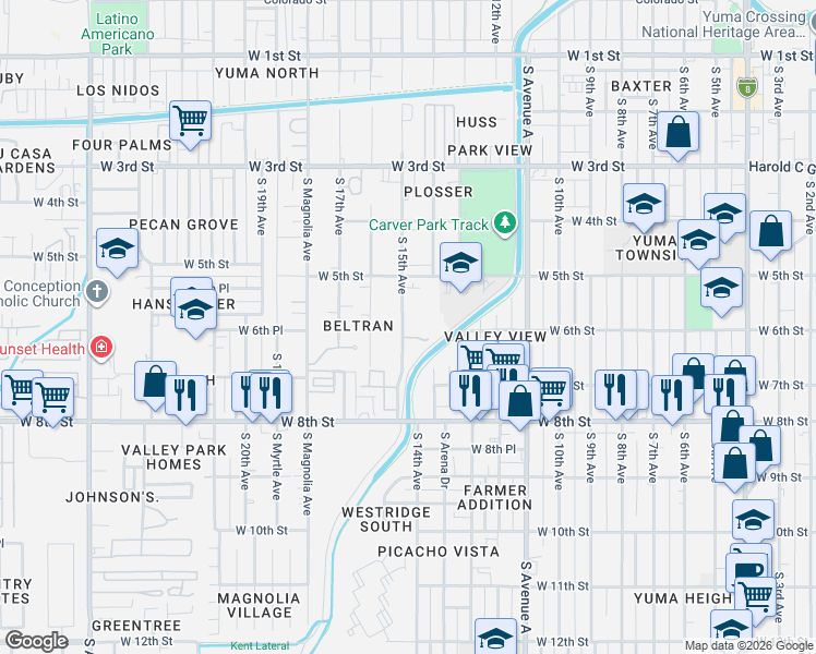 map of restaurants, bars, coffee shops, grocery stores, and more near 567 South 15th Avenue in Yuma