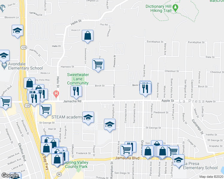 map of restaurants, bars, coffee shops, grocery stores, and more near 1260 Presioca Street in Spring Valley
