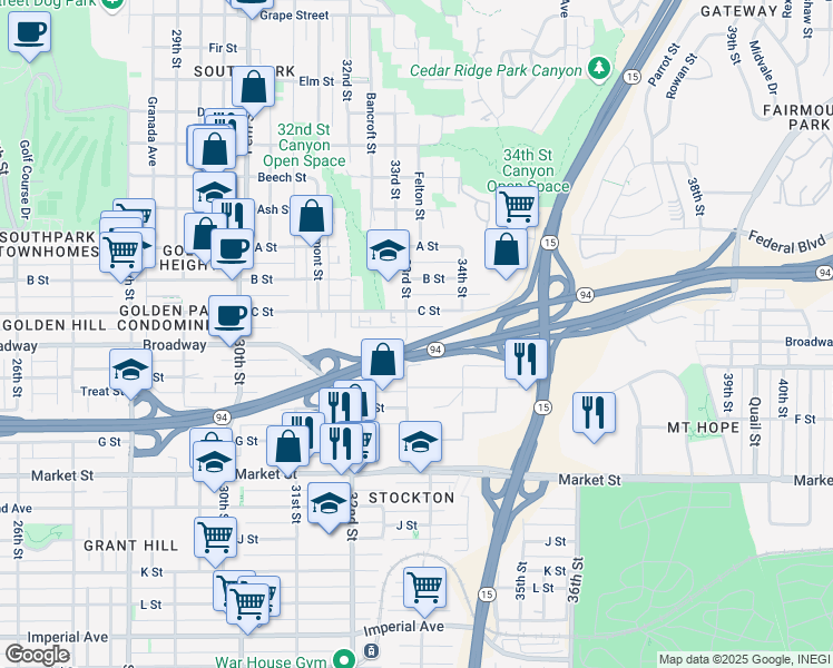 map of restaurants, bars, coffee shops, grocery stores, and more near 1025 33rd Street in San Diego