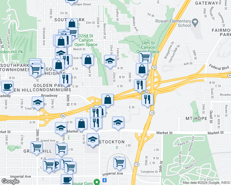 map of restaurants, bars, coffee shops, grocery stores, and more near 1025 33rd Street in San Diego
