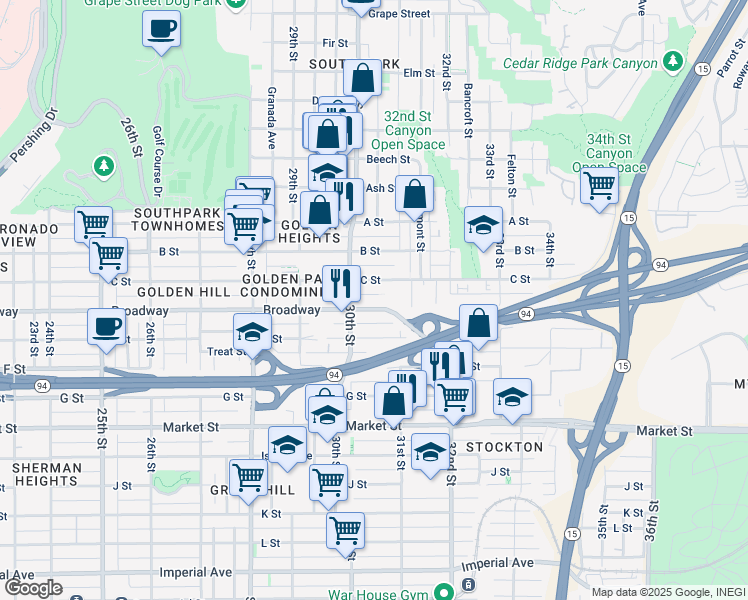 map of restaurants, bars, coffee shops, grocery stores, and more near in San Diego
