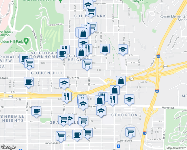 map of restaurants, bars, coffee shops, grocery stores, and more near in San Diego