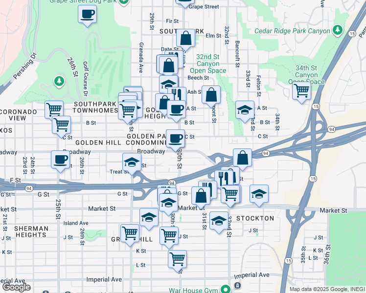 map of restaurants, bars, coffee shops, grocery stores, and more near in San Diego