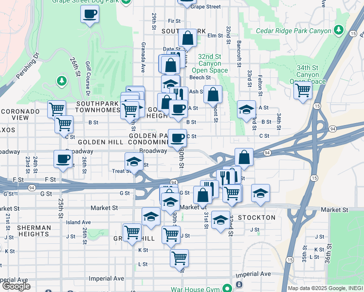 map of restaurants, bars, coffee shops, grocery stores, and more near in San Diego