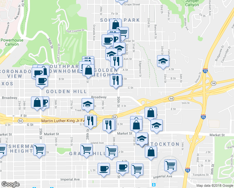 map of restaurants, bars, coffee shops, grocery stores, and more near 2957 C Street in San Diego