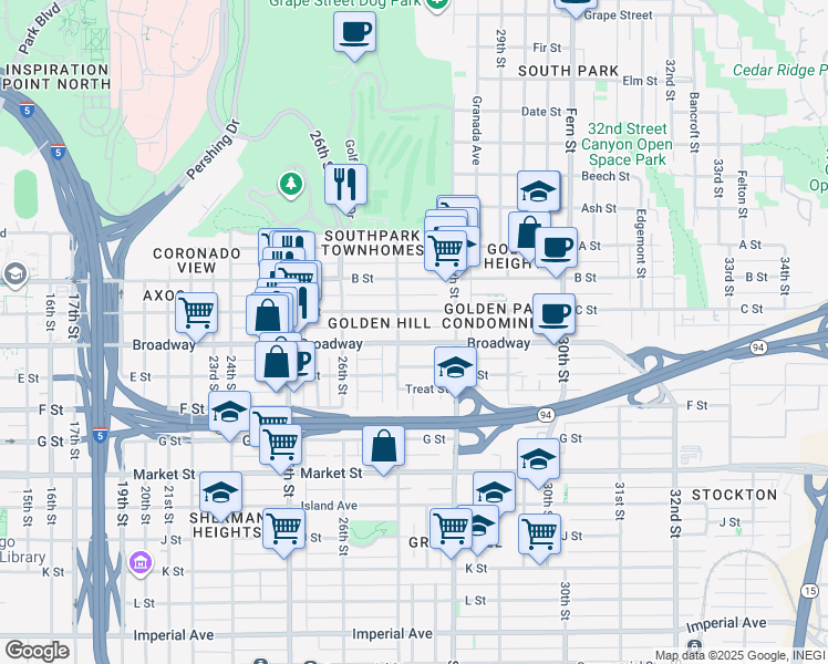 map of restaurants, bars, coffee shops, grocery stores, and more near 2741 C Street in San Diego