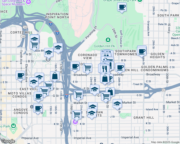 map of restaurants, bars, coffee shops, grocery stores, and more near 1055 22nd Street in San Diego