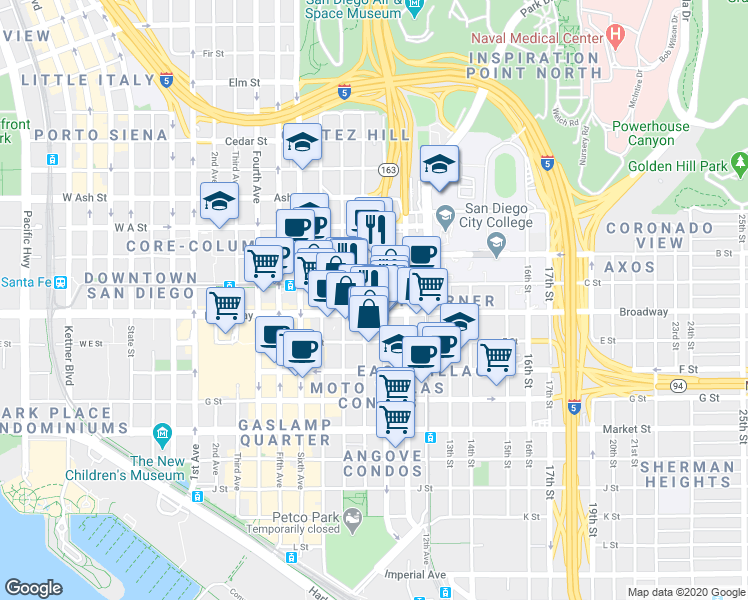 map of restaurants, bars, coffee shops, grocery stores, and more near 910 C Street in San Diego