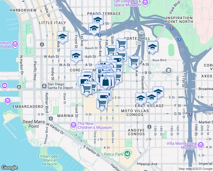 map of restaurants, bars, coffee shops, grocery stores, and more near 427 C Street in San Diego