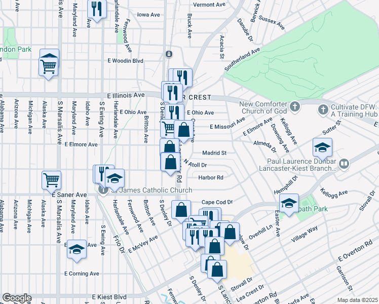 map of restaurants, bars, coffee shops, grocery stores, and more near 2606 South Lancaster Road in Dallas
