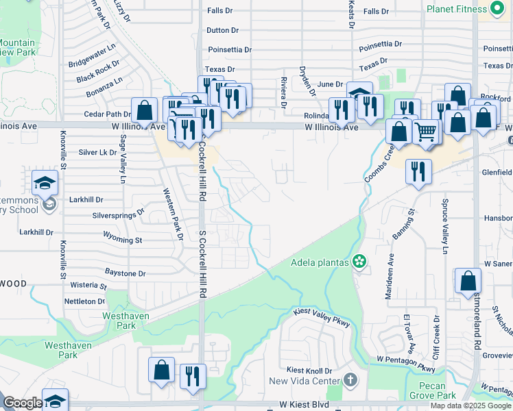 map of restaurants, bars, coffee shops, grocery stores, and more near 4301 Dark Star Lane in Dallas