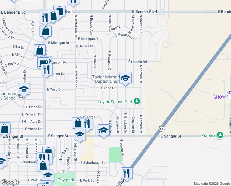 map of restaurants, bars, coffee shops, grocery stores, and more near 1535 North Gila Drive in Hobbs