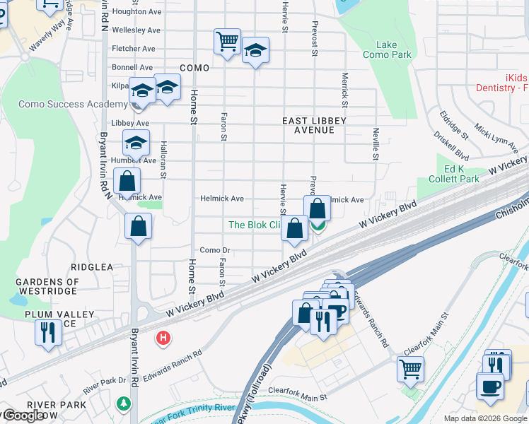 map of restaurants, bars, coffee shops, grocery stores, and more near 5429 Helmick Avenue in Fort Worth