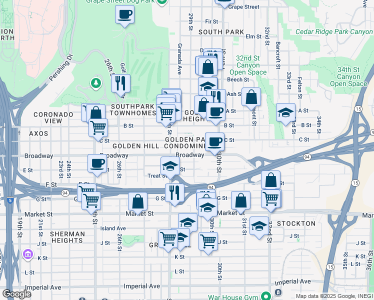 map of restaurants, bars, coffee shops, grocery stores, and more near in San Diego