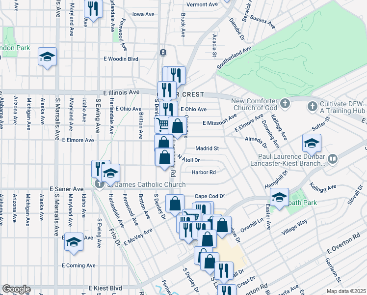 map of restaurants, bars, coffee shops, grocery stores, and more near 2606 South Lancaster Road in Dallas