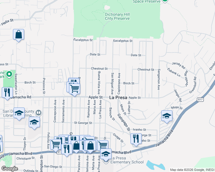map of restaurants, bars, coffee shops, grocery stores, and more near 1128 La Presa Avenue in Spring Valley