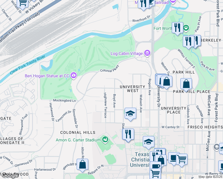 map of restaurants, bars, coffee shops, grocery stores, and more near 3420 Park Hill Drive in Fort Worth