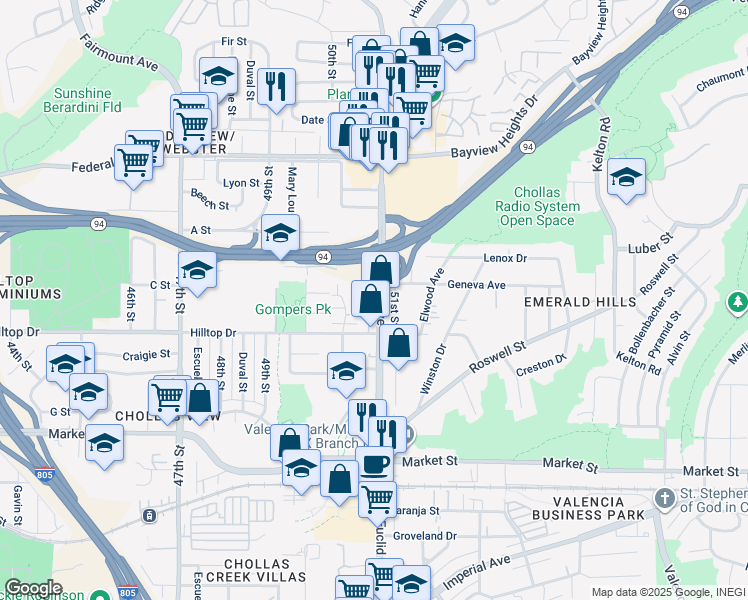 map of restaurants, bars, coffee shops, grocery stores, and more near 1036 Euclid Avenue in San Diego