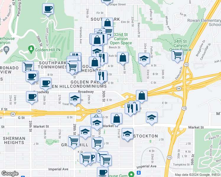 map of restaurants, bars, coffee shops, grocery stores, and more near 3042 Broadway in San Diego