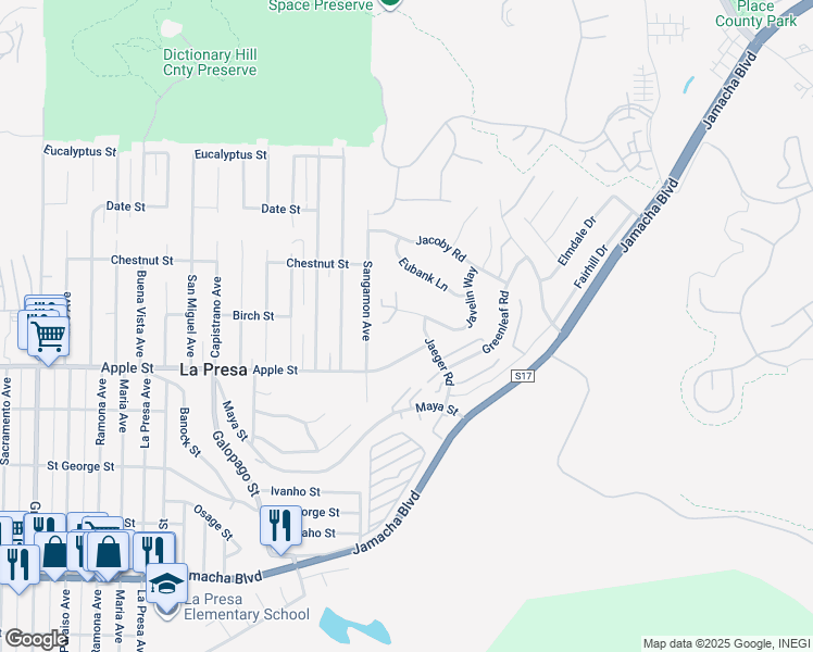 map of restaurants, bars, coffee shops, grocery stores, and more near 9901 Javelin Way in Spring Valley