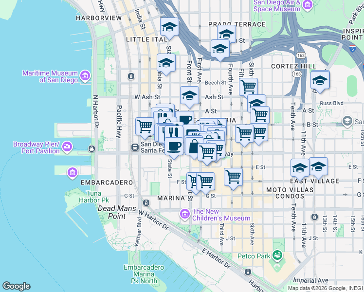map of restaurants, bars, coffee shops, grocery stores, and more near 220 West Broadway in San Diego