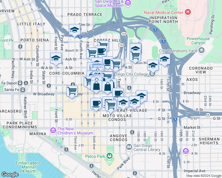 map of restaurants, bars, coffee shops, grocery stores, and more near 1060 Eighth Avenue in San Diego