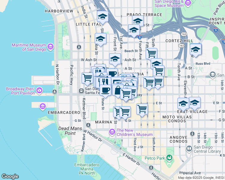 map of restaurants, bars, coffee shops, grocery stores, and more near in San Diego