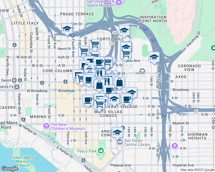 map of restaurants, bars, coffee shops, grocery stores, and more near 910 C Street in San Diego