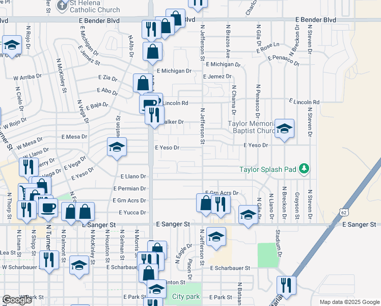 map of restaurants, bars, coffee shops, grocery stores, and more near 1021 East Yeso Drive in Hobbs