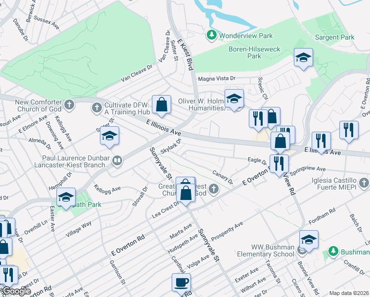 map of restaurants, bars, coffee shops, grocery stores, and more near 2615 Eagle Drive in Dallas