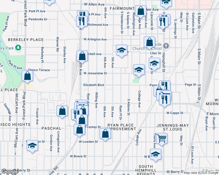 map of restaurants, bars, coffee shops, grocery stores, and more near 1305 Elizabeth Boulevard in Fort Worth