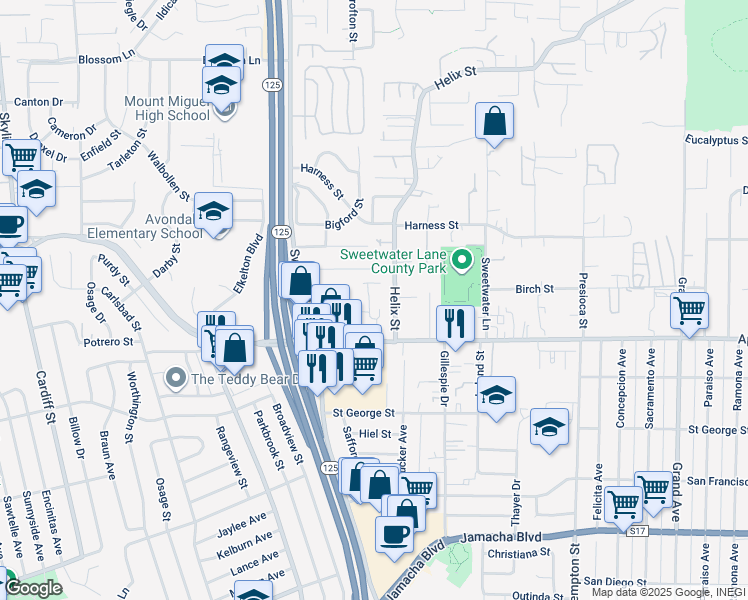 map of restaurants, bars, coffee shops, grocery stores, and more near 8768 Jamacha Road in Spring Valley