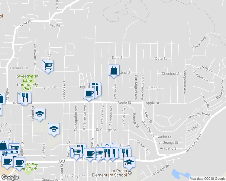 map of restaurants, bars, coffee shops, grocery stores, and more near 1116 Maria Avenue in Spring Valley