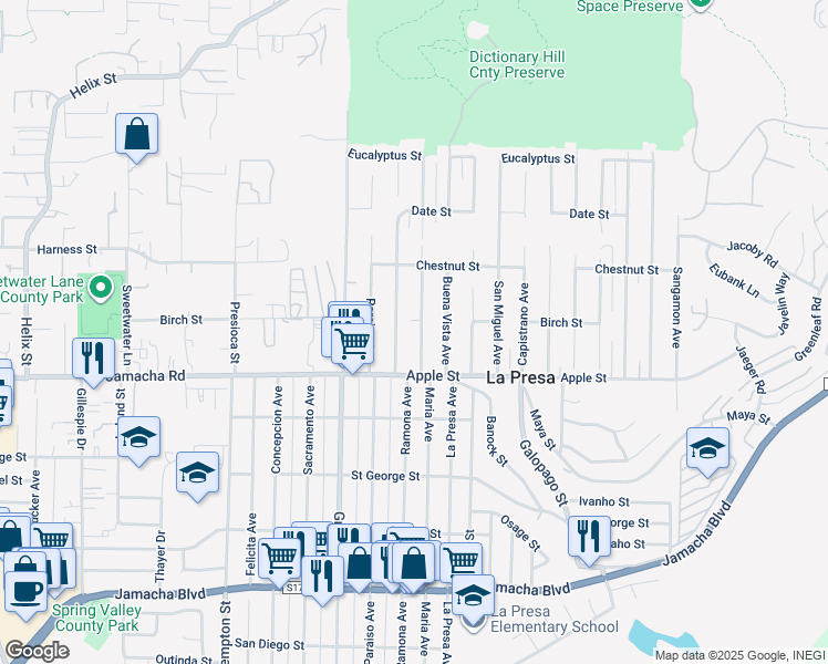 map of restaurants, bars, coffee shops, grocery stores, and more near 1116 Maria Avenue in Spring Valley