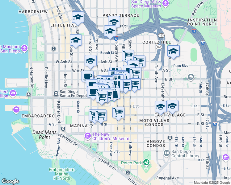 map of restaurants, bars, coffee shops, grocery stores, and more near 326 Broadway in San Diego