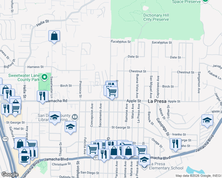 map of restaurants, bars, coffee shops, grocery stores, and more near 1111 Grand Avenue in Spring Valley