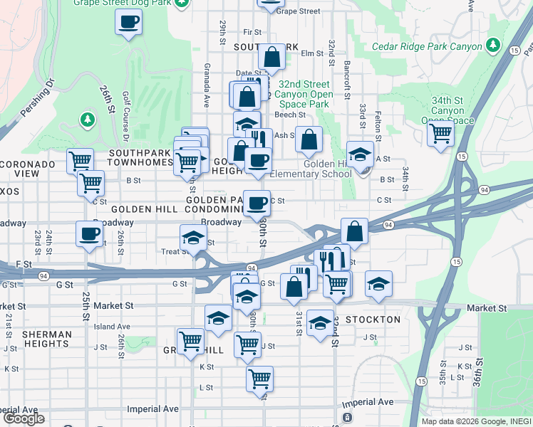 map of restaurants, bars, coffee shops, grocery stores, and more near 3031 C Street in San Diego