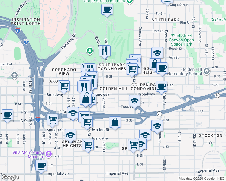 map of restaurants, bars, coffee shops, grocery stores, and more near in San Diego