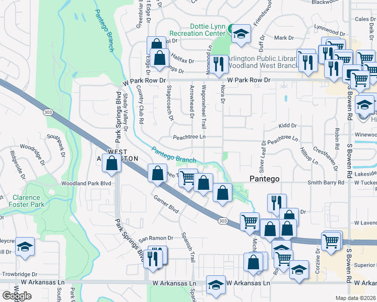 map of restaurants, bars, coffee shops, grocery stores, and more near 3315 Country Club Road in Pantego