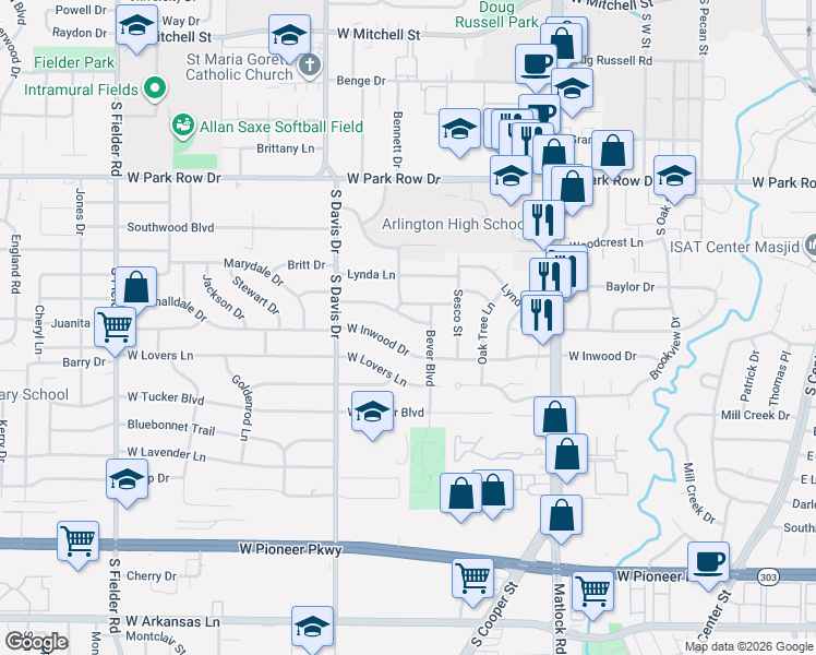 map of restaurants, bars, coffee shops, grocery stores, and more near 1106 Western Blvd in Arlington