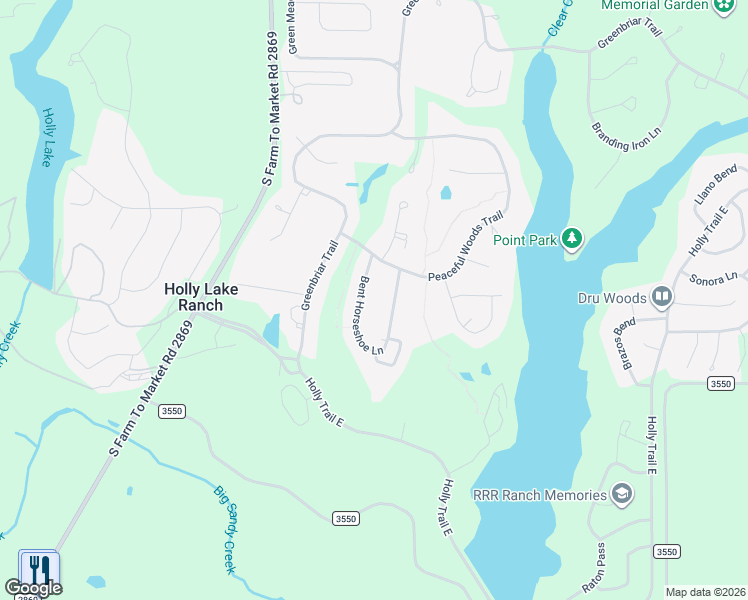 map of restaurants, bars, coffee shops, grocery stores, and more near 199 Bent Horseshoe Lane in Holly Lake Ranch