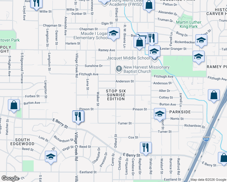 map of restaurants, bars, coffee shops, grocery stores, and more near 5140 Sears Drive in Fort Worth