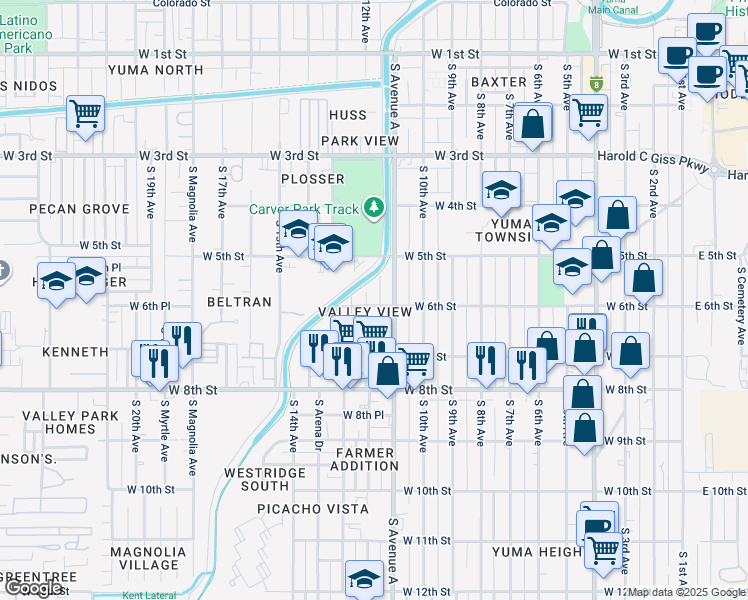 map of restaurants, bars, coffee shops, grocery stores, and more near 500-598 S 12th Ave in Yuma