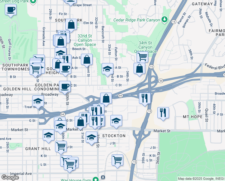 map of restaurants, bars, coffee shops, grocery stores, and more near 1025 33rd Street in San Diego